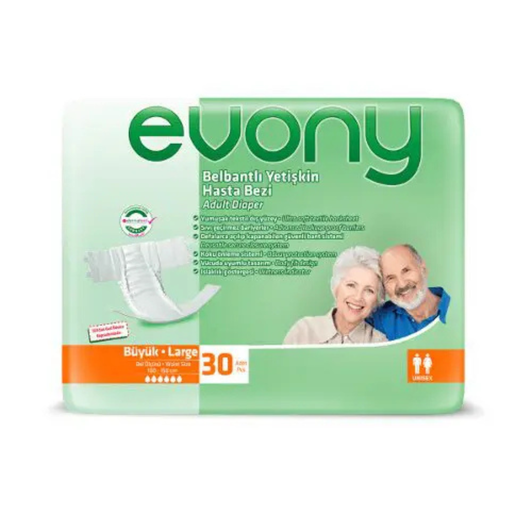 Evony Unisex Adult Nappies Size Large (100 – 150 cm) 30 Pack