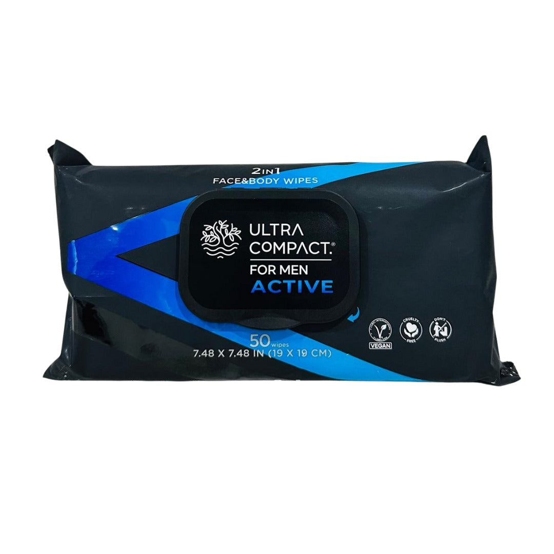 Ultra Compact Men Face & Body Wipes 2 in 1 (50's)