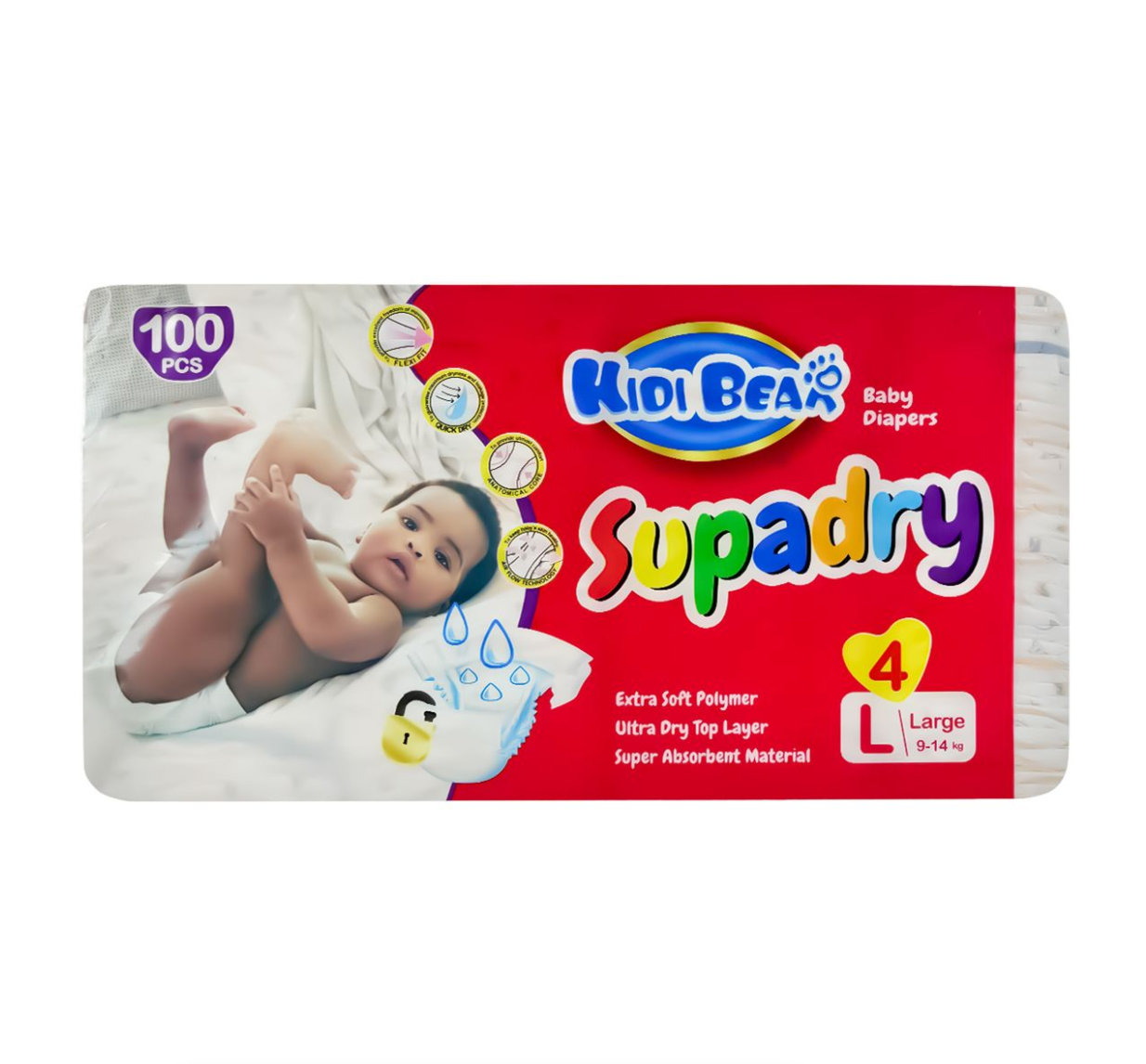 Kidi Bear Supadry Baby Diapers Size Large (9 - 14 kg) - 100 units