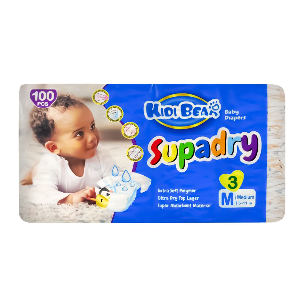 Kidi Bear Supadry Baby Diapers Size Medium (6 - 11 kg) - 100 units